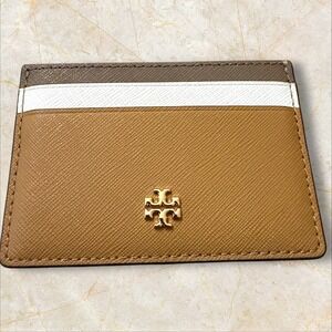 Tory Burch Emerson Slim Card Case Colorblock Saffiano Leather Tan Brown Ivory